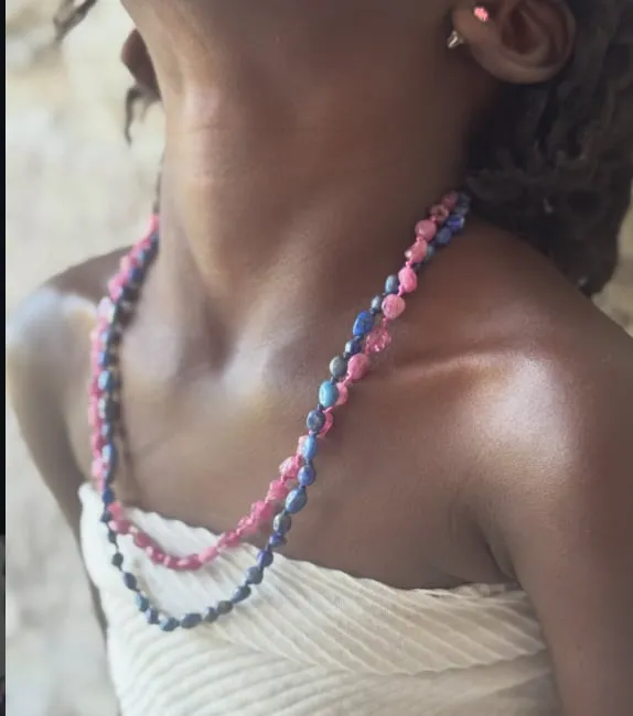 Pink and blue beaded double-strand necklace
