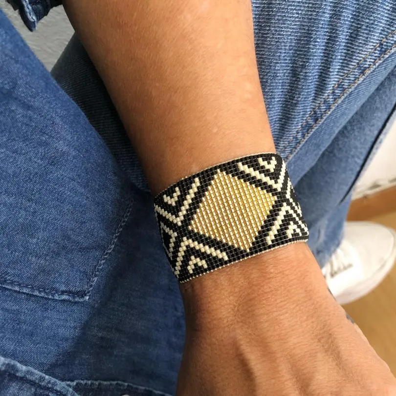 Black, gold and cream hand-loomed beaded cuff