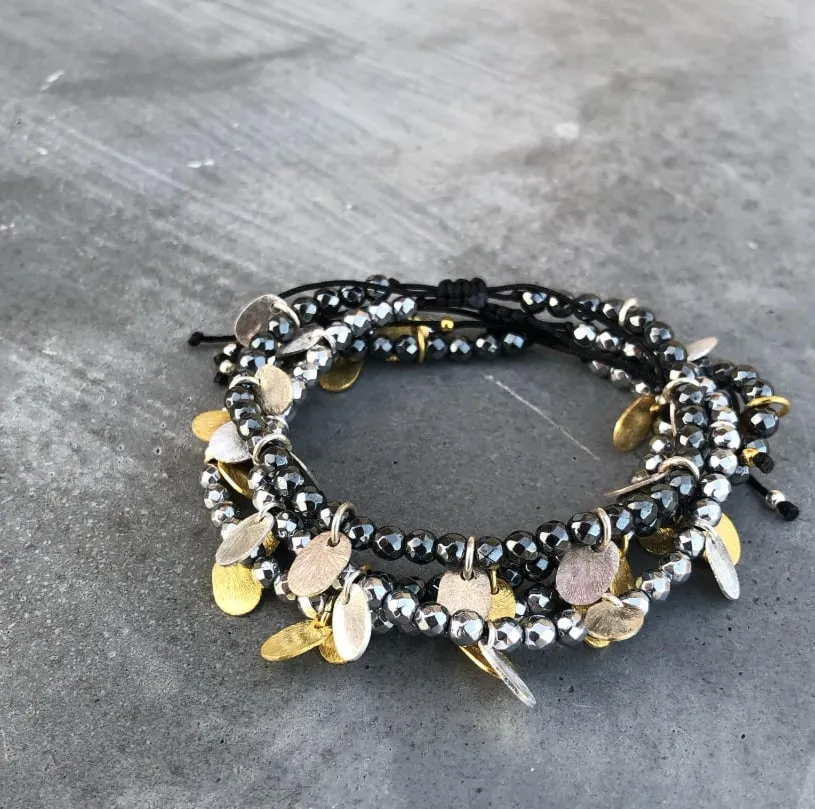 Hematite bead wrap bracelet with brushed petal charms