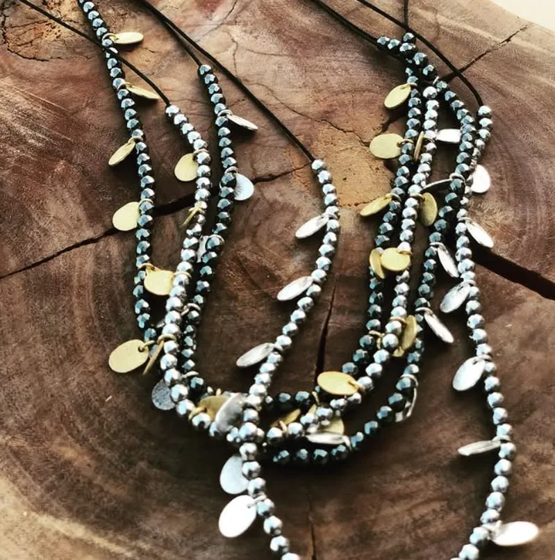 Silver hematite bead multi-strand necklace with leaf charms